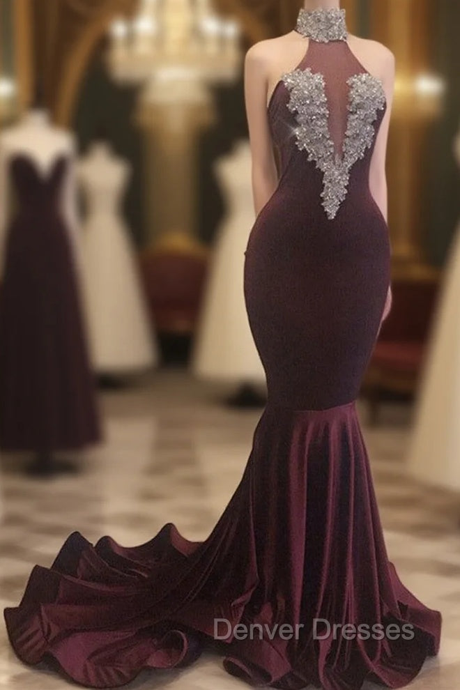 Burgundy Mermaid High Neck Velvet Prom Dress