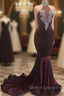 Burgundy Mermaid High Neck Velvet Prom Dress