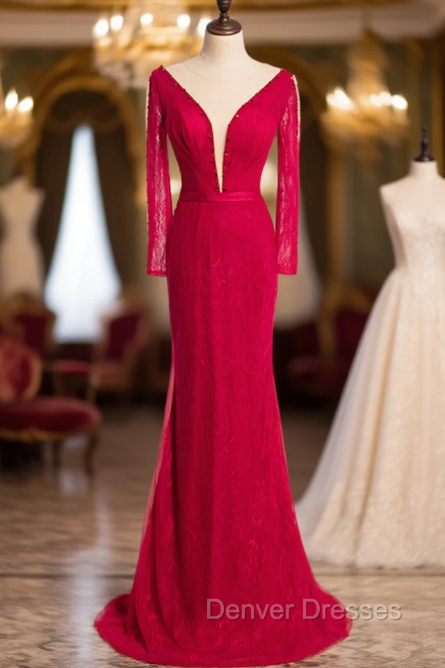 Burgundy Mermaid Lace Long Sleeve Beading Prom Dress Main image