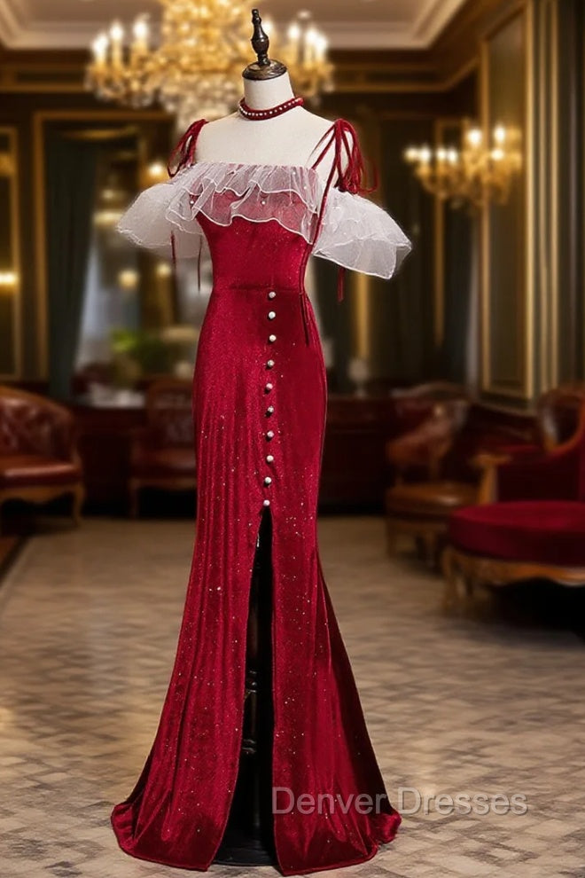 Burgundy Mermaid Long Prom Dress, Velvet Long Formal Dress