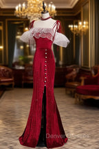 Burgundy Mermaid Long Prom Dress, Velvet Long Formal Dress