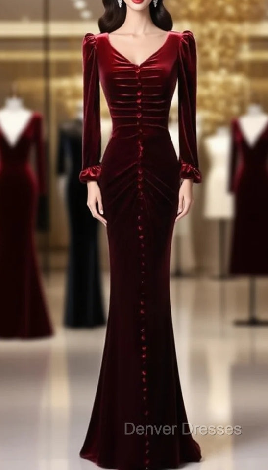 Burgundy Mermaid Long Sleeve Velvet Prom Dress