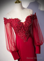 Burgundy Mermaid Long Sleeves Spandex With Lace Prom Dress, Burgundy Wedding Party Dress
