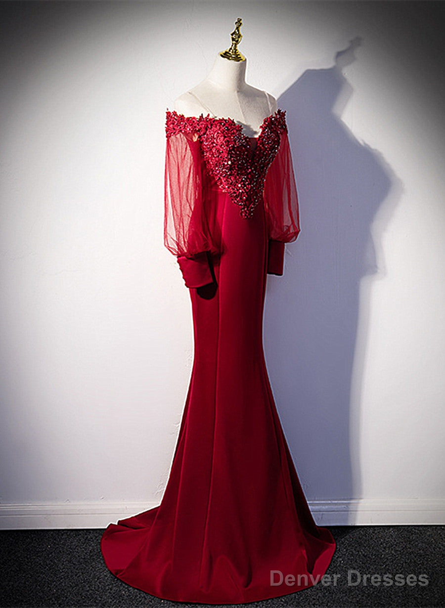 Burgundy Mermaid Long Sleeves Spandex With Lace Prom Dress, Burgundy Wedding Party Dress