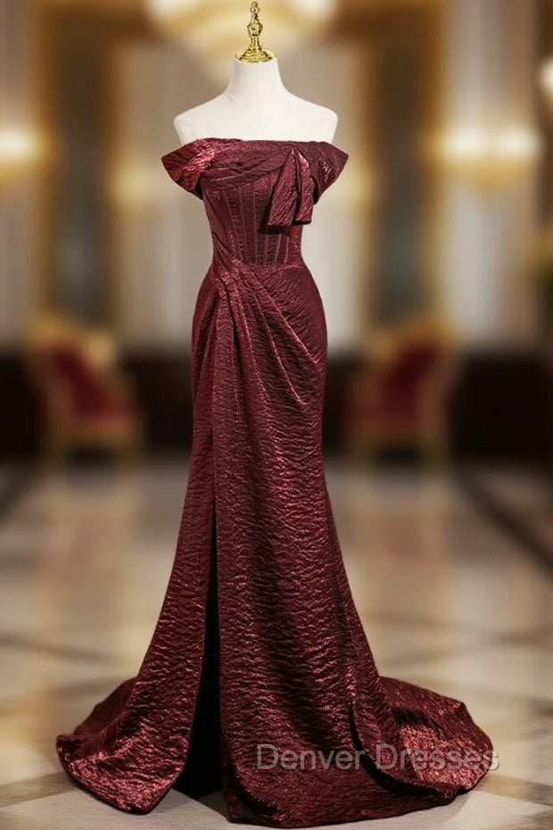 Burgundy Mermaid Off the Shoulder Pleats Prom Dress