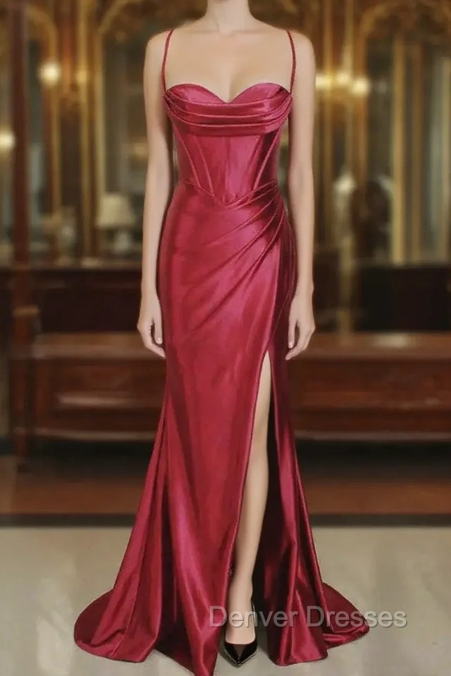 Burgundy Mermaid Satin Pleats Prom Dress Main image