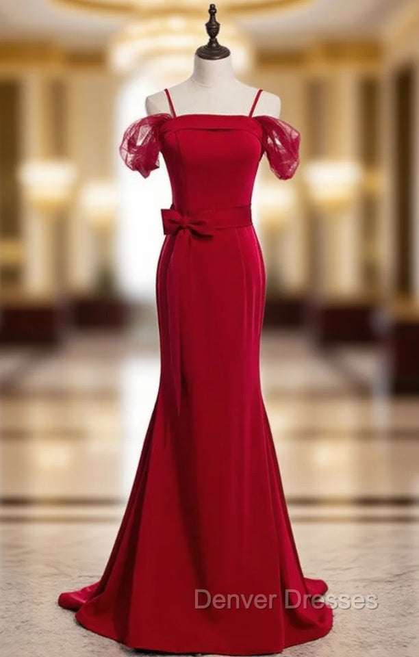 Burgundy Mermaid Satin Spagehtti Straps Prom Dress With Sash Main image