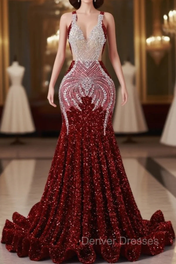 Burgundy Mermaid Sequins Backless Prom Dress Main image