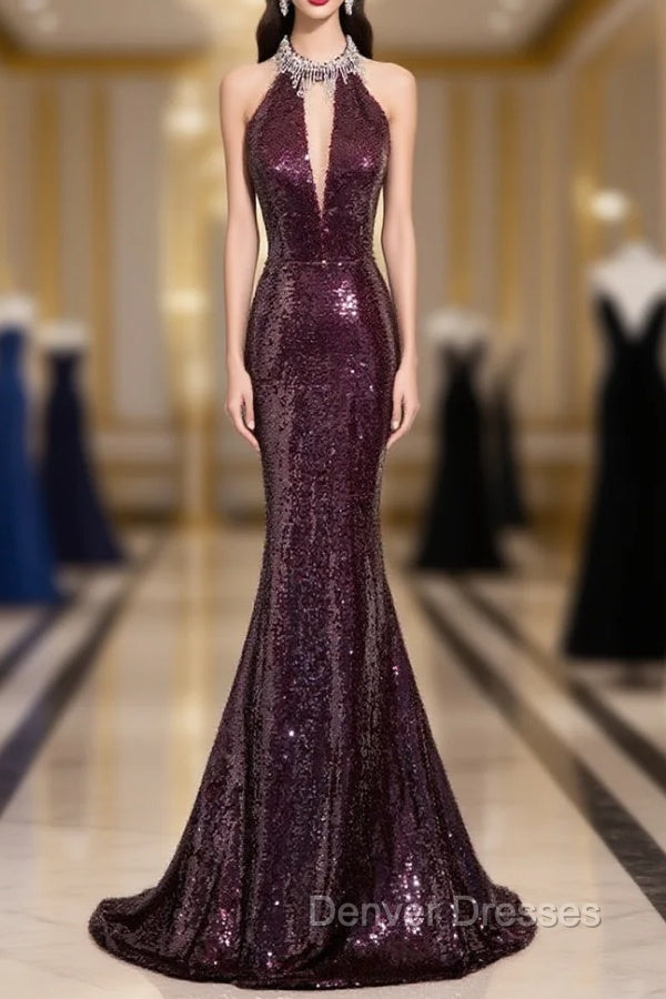 Burgundy Mermaid Sequins Beading Backless Prom Dress Main image