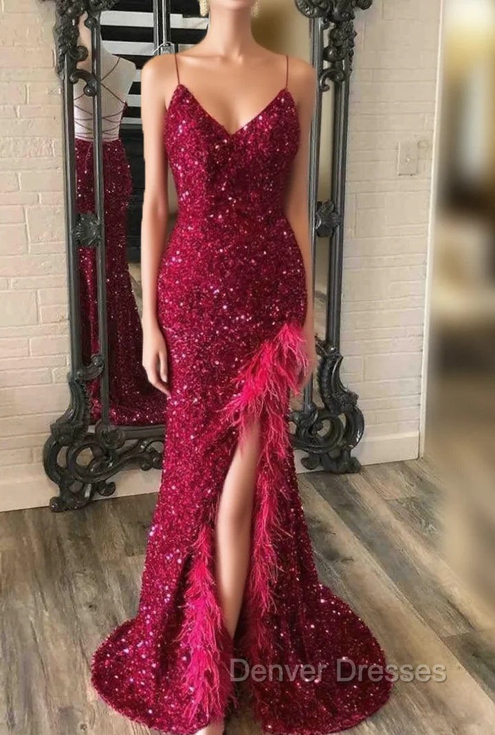 Burgundy Mermaid Sequins Feather Split Prom Dress