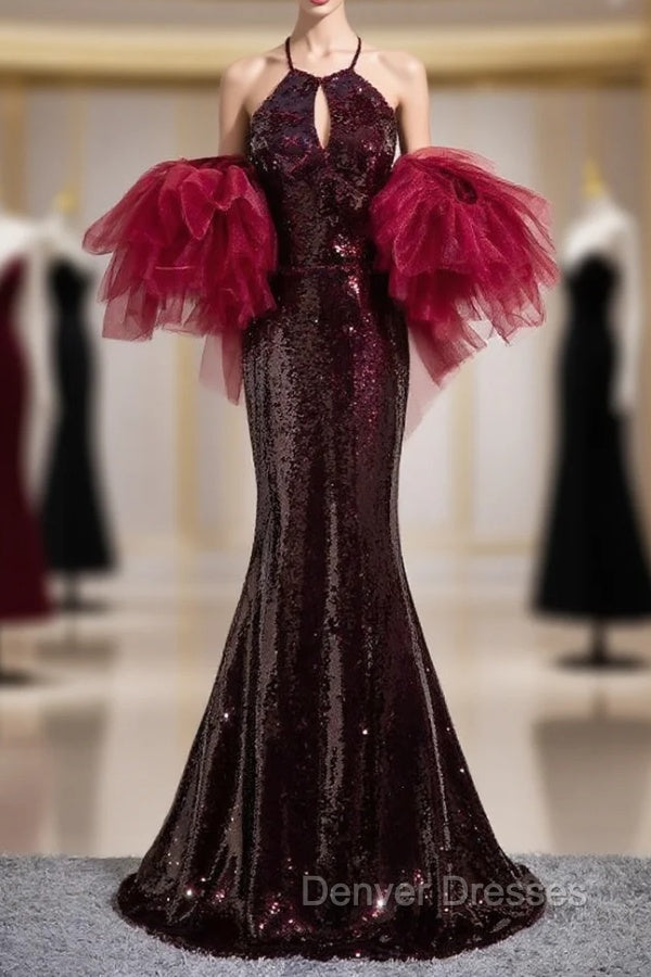 Burgundy Mermaid Sequins Halter Cut Out Prom Dress Main image