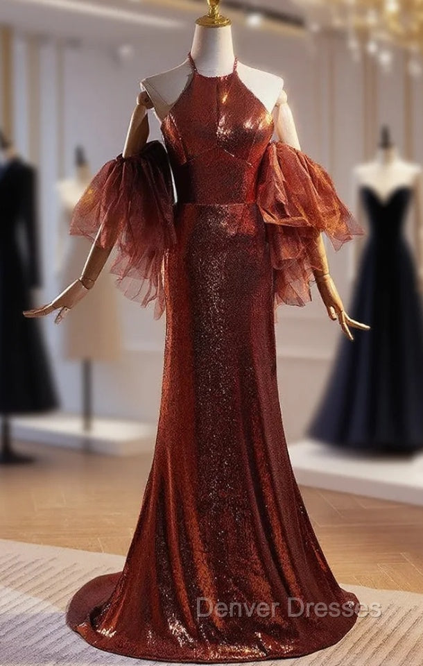 Burgundy Mermaid Sequins Halter Prom Dress