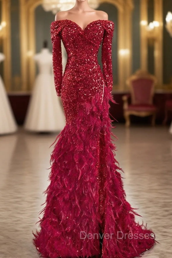 Burgundy Mermaid Sequins Off the Shoulder Long Sleeve Feather Prom Dress