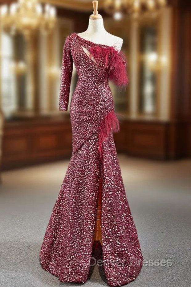 Burgundy Mermaid Sequins One Shoulder Long Sleeve Prom Dress