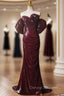 Burgundy Mermaid Sequins Pleats Prom Dress