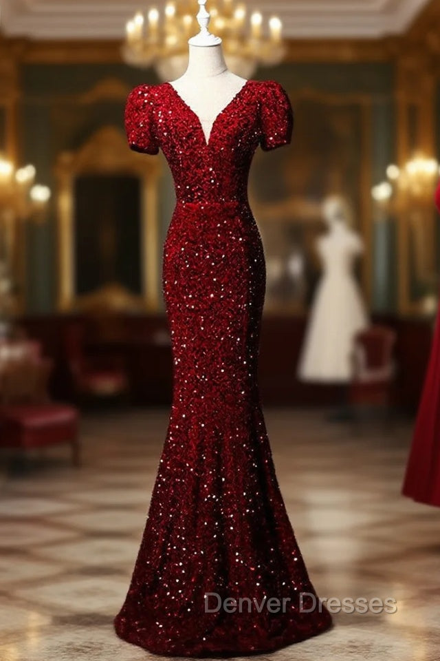 Burgundy Mermaid Sequins Puff Sleeve Prom Dress Main image