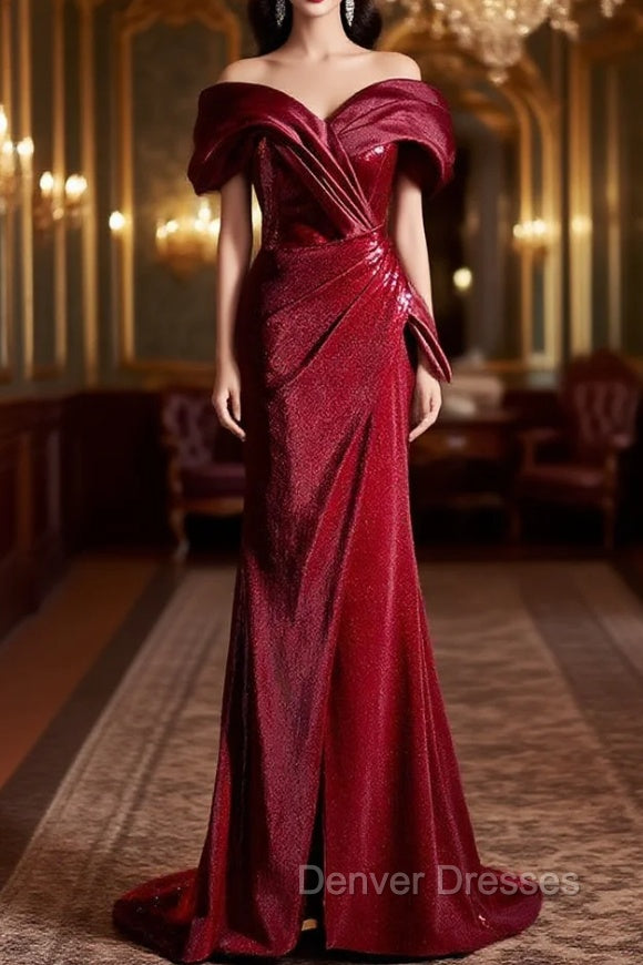 Burgundy Mermaid Sequins Spaghetti Straps Pleats Prom Dress