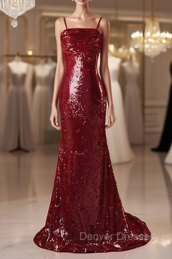 Burgundy Mermaid Sequins Spaghetti Straps Prom Dress Main image