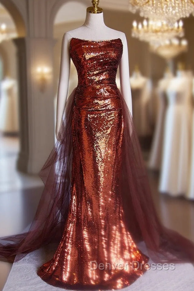 Burgundy Mermaid Sequins Strapless Pleats Prom Dress