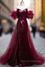 Burgundy Mermaid Sequins Strapless Prom Dress With Detachable Train