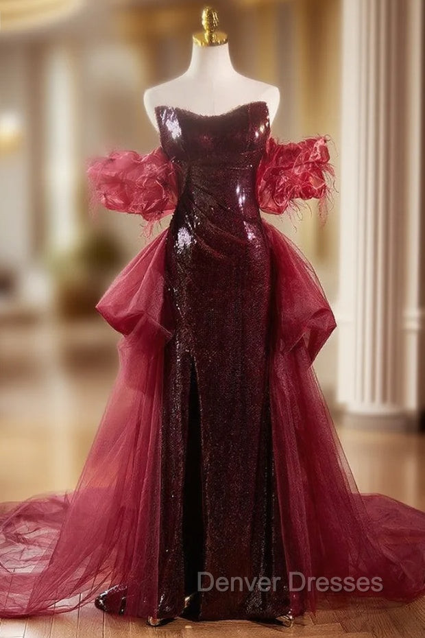 Burgundy Mermaid Sequins Strapless Prom Dress With Train Main image