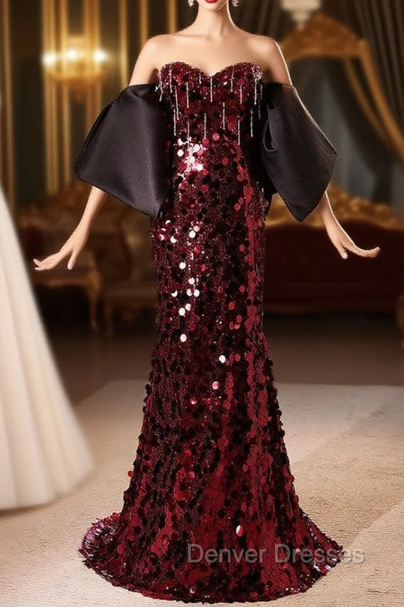 Burgundy Mermaid Sequins Strapless Prom Dress