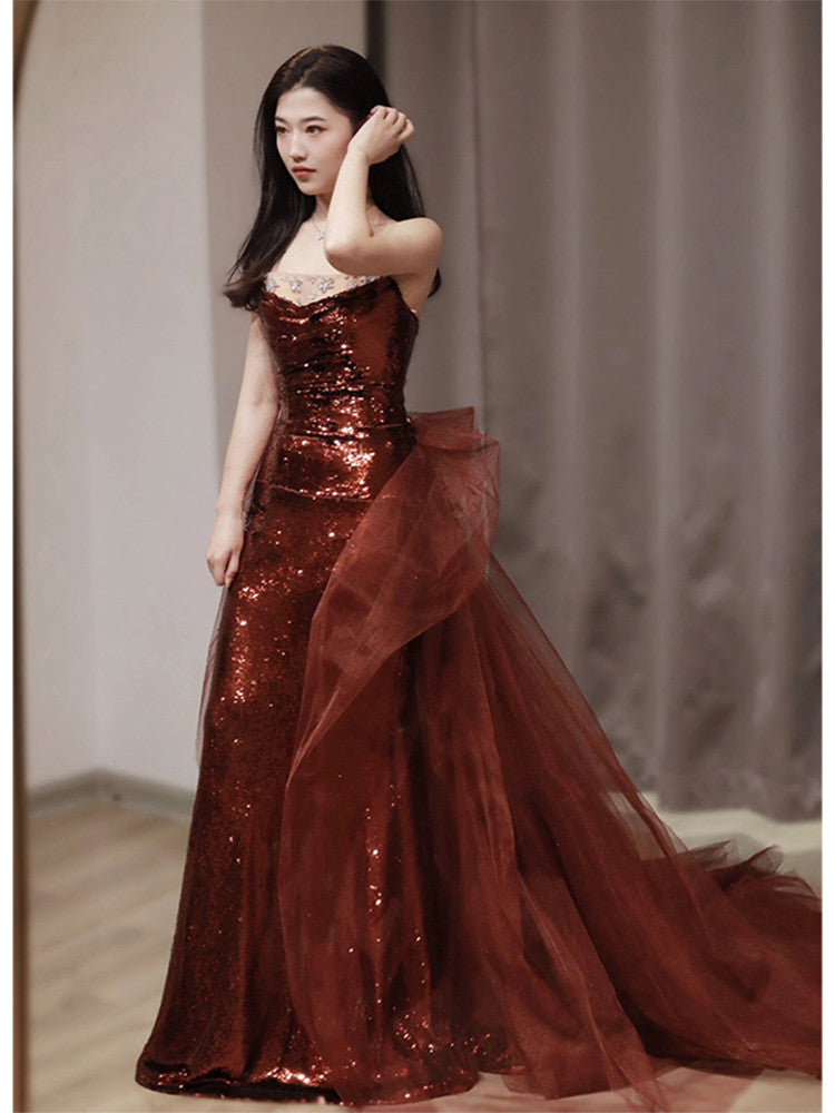 Burgundy Mermaid Sequins Tulle Strapless Prom Dress Secondary image