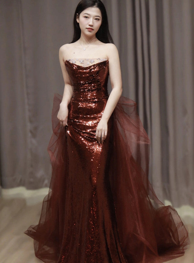 Burgundy Mermaid Sequins Tulle Strapless Prom Dress