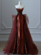 Burgundy Mermaid Sequins Tulle Strapless Prom Dress