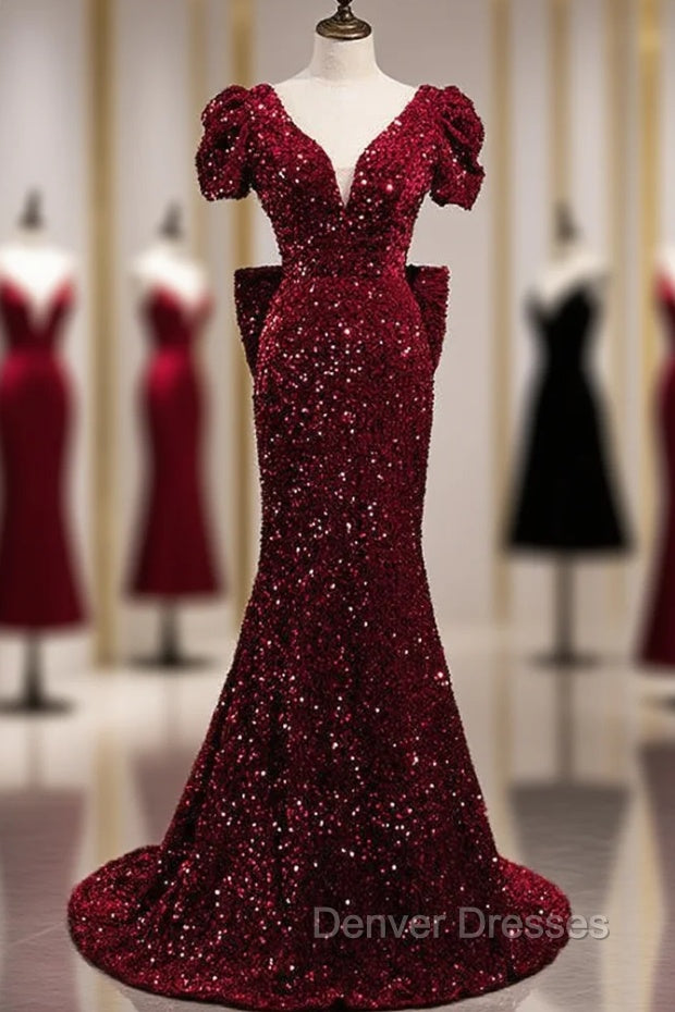 Burgundy Mermaid Sequins V-neck Prom Dress With Bow Main image
