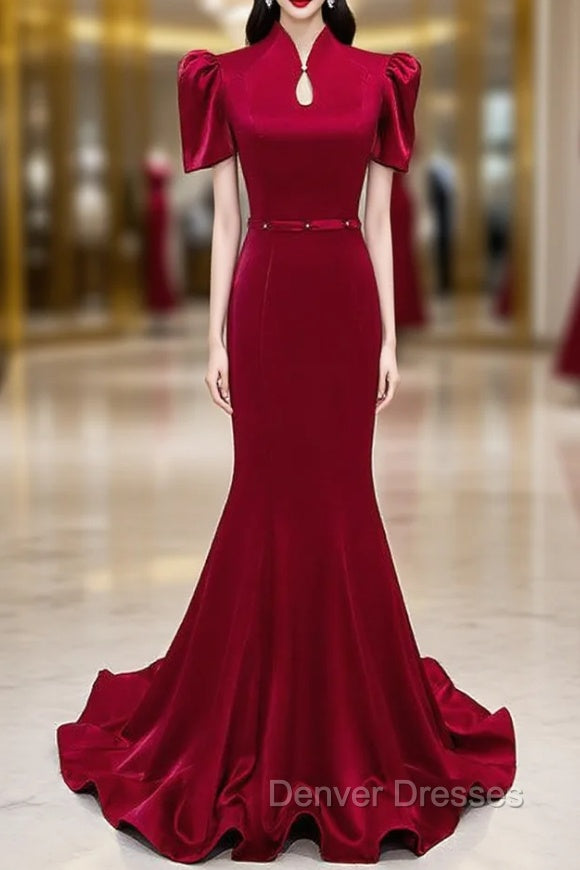 Burgundy Mermaid Short Sleeve High Neck Prom Dress