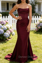 Burgundy Mermaid Strapless Pleated Corset Long Prom Dress with Slit