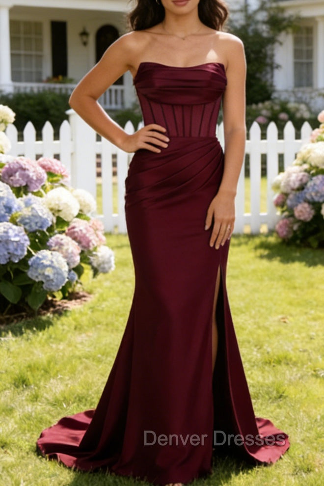 Burgundy Mermaid Strapless Pleated Corset Long Prom Dress with Slit