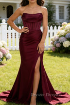 Burgundy Mermaid Strapless Pleated Corset Long Prom Dress with Slit