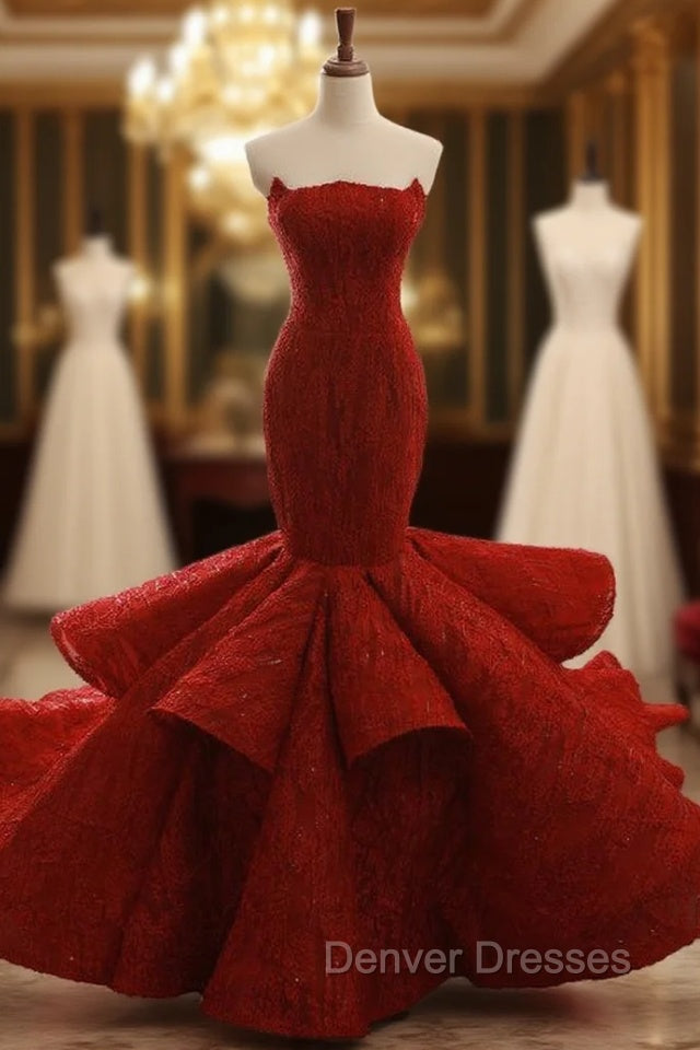 Burgundy Mermaid Strapless Sequins Backless Wedding Dress Main image