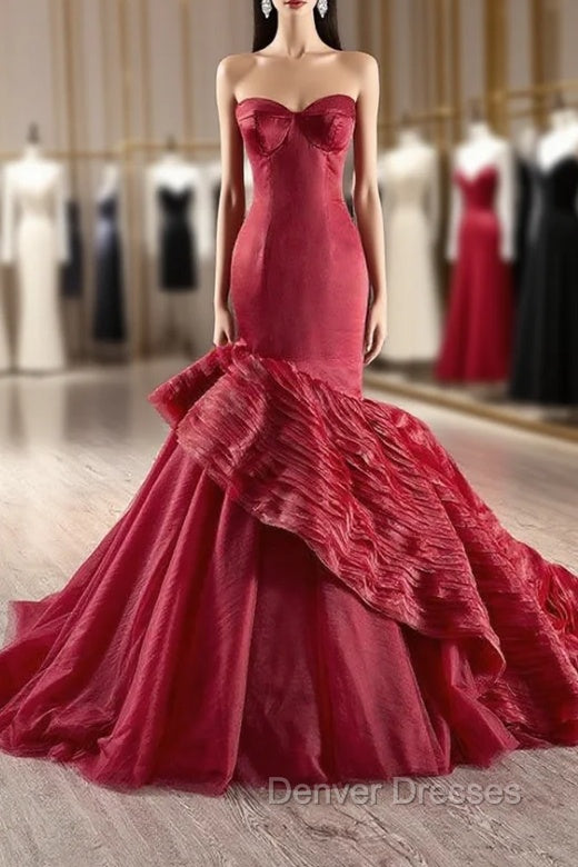 Burgundy Mermaid Strapless Tiers Prom Dress Main image