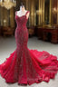 Burgundy Mermaid Straps Beading Prom Dress