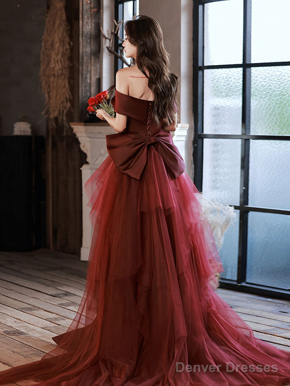 Burgundy Mermaid Sweep Train Long Prom Dress, Off Shoulder Satin Burgundy Evening Dress Secondary image