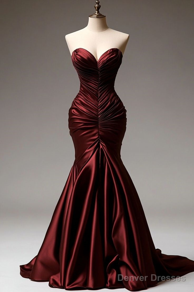 Burgundy Mermaid Sweetheart Satin Long Ball Gown, Fitted Evening Gown Main image