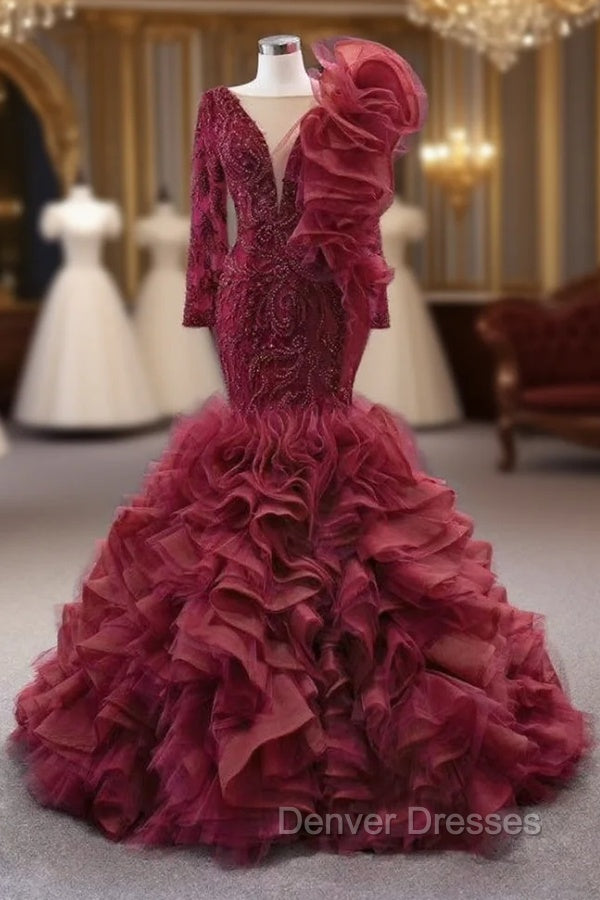 Burgundy Mermaid Tulle Beading Prom Dress Main image