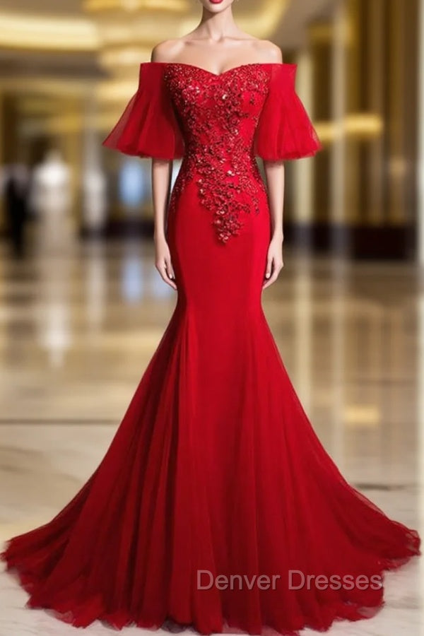 Burgundy Mermaid Tulle Off the Shoulder Beading Sequins Prom Dress Main image