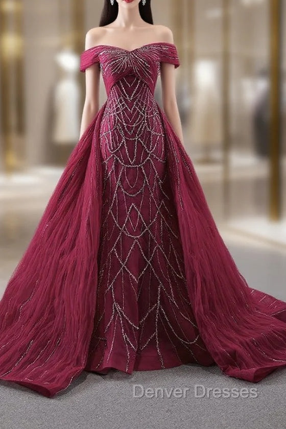 Burgundy Mermaid Tulle Off the Shoulder Pleats Prom Dress