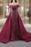 Burgundy Mermaid Tulle Off the Shoulder Pleats Prom Dress