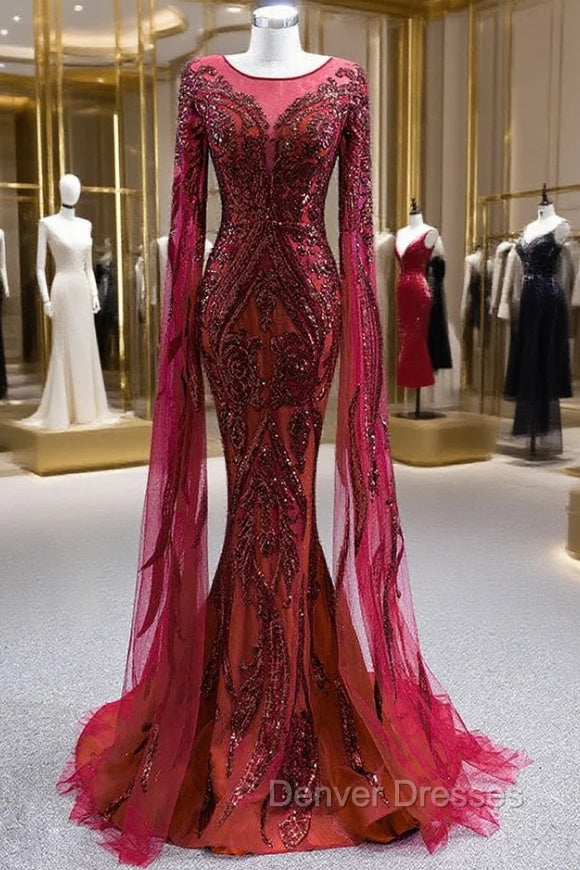 Burgundy Mermaid Tulle Sequins Long Sleeve Prom Dress