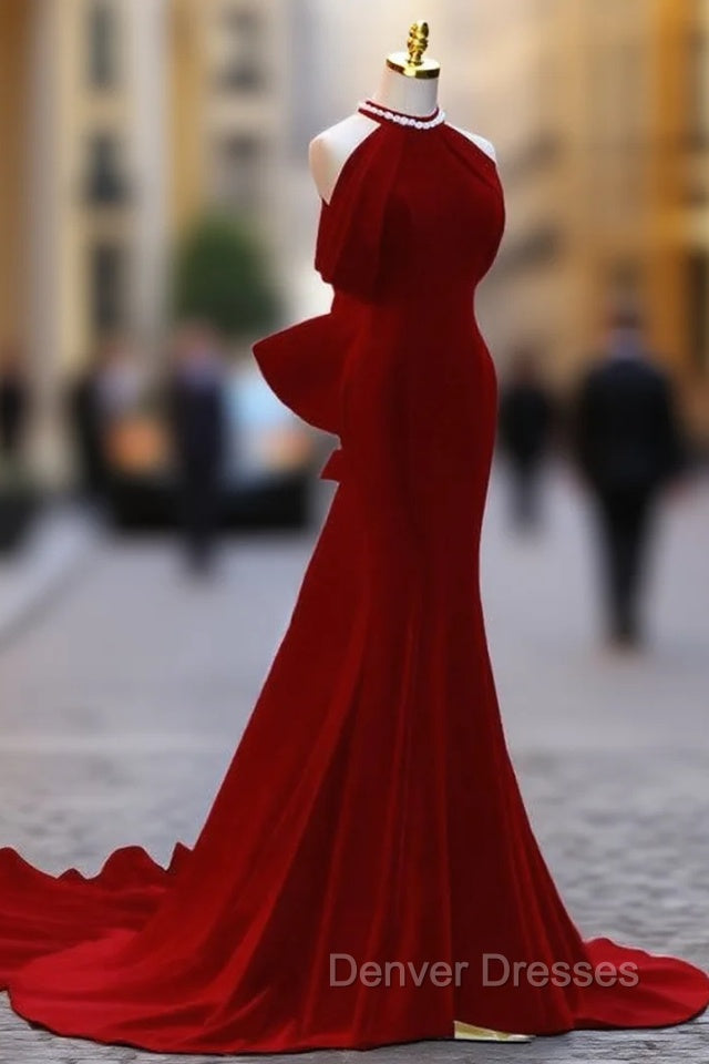 Burgundy Mermaid Velvet Halter Bow Prom Dress
