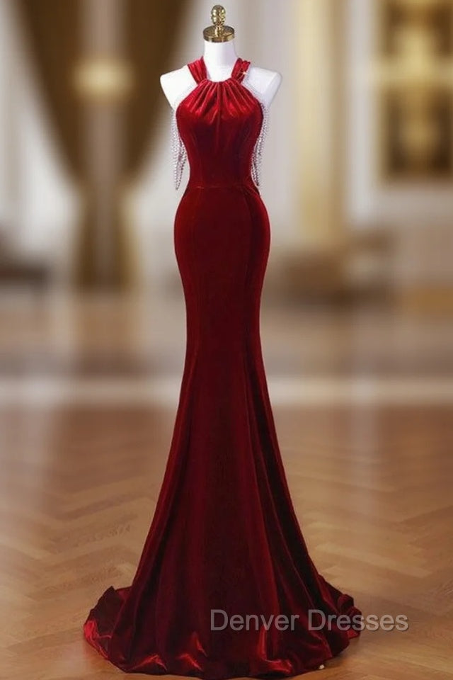 Burgundy Mermaid Velvet Halter Pearls Prom Dress Main image