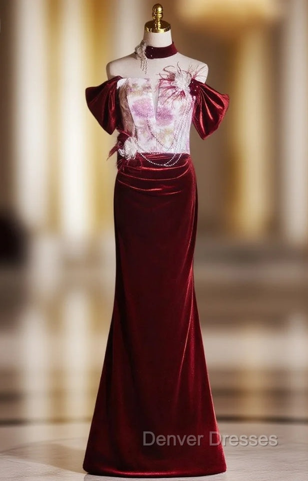 Burgundy Mermaid Velvet Off the Shoulder Pleats Flower Prom Dress Main image