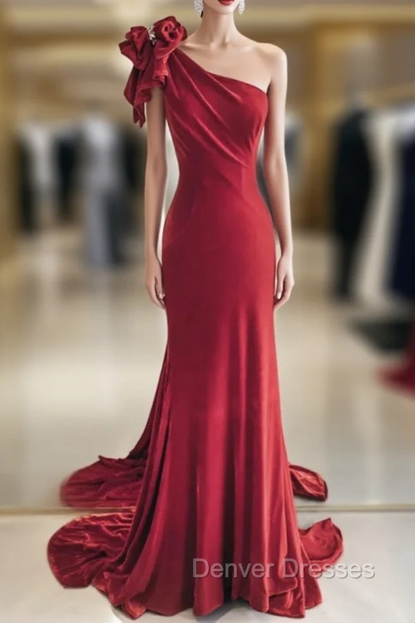 Burgundy Mermaid Velvet One Shoulder Beading Prom Dress