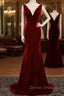 Burgundy Mermaid Velvet See Through V-neck Prom Dress