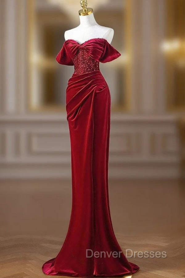 Burgundy Mermaid Velvet Sequins Prom Dress